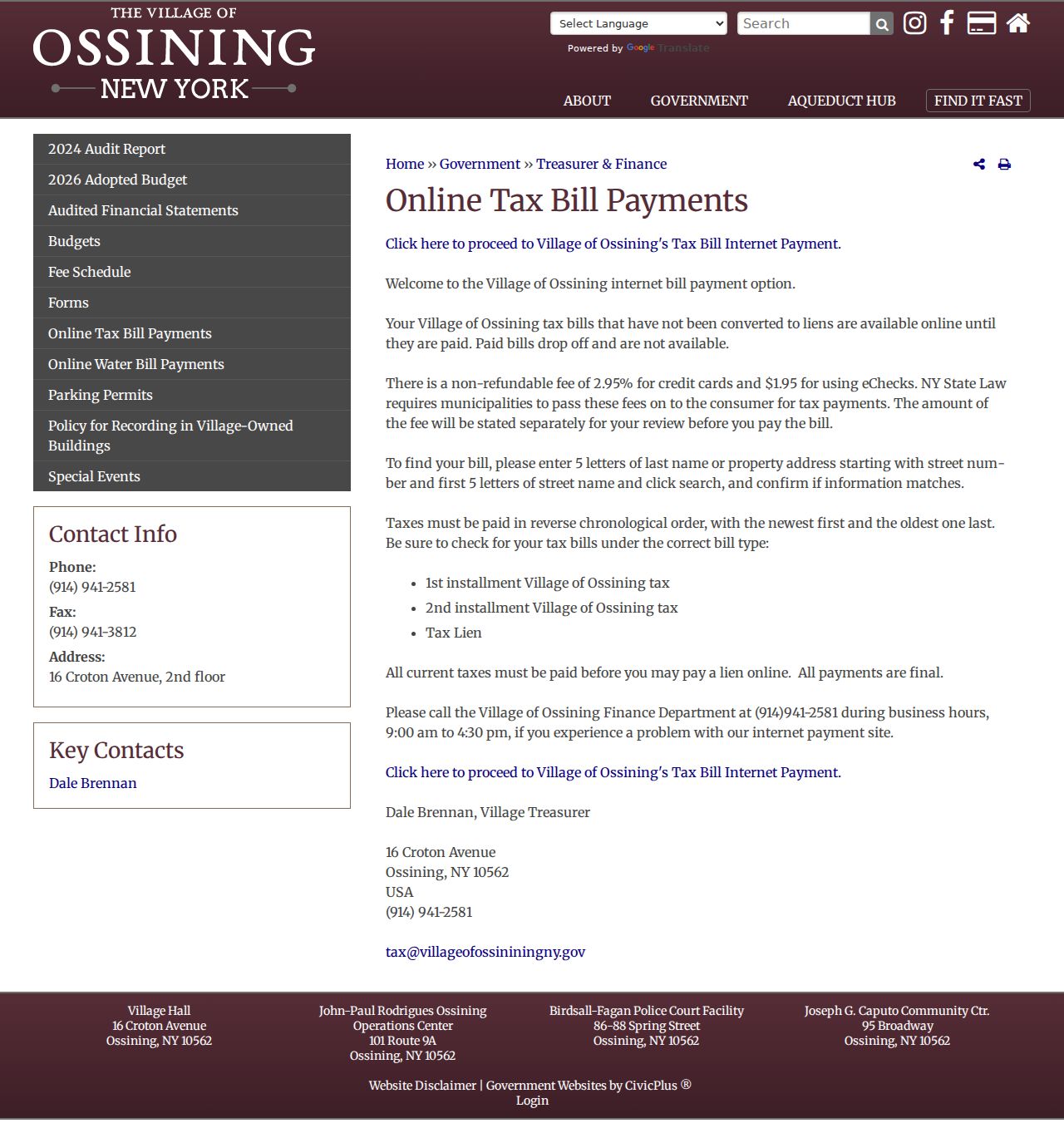 Town of Ossining ZIP code directory view of the Village online tax bill search